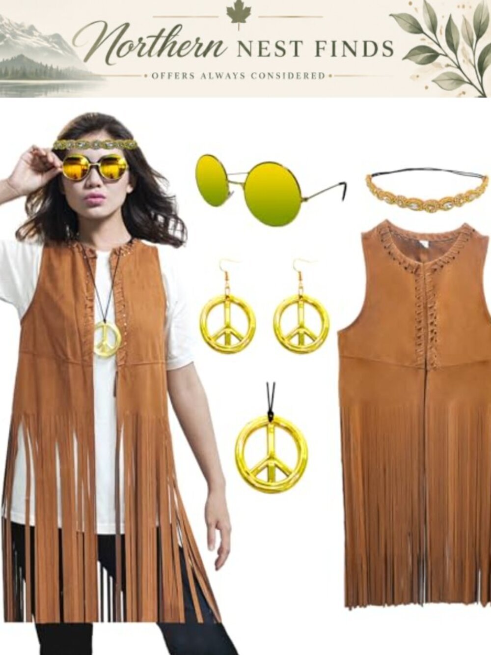 Faux Suede Fringe Vest Cardigan Hippie Costume Set 70s Boho